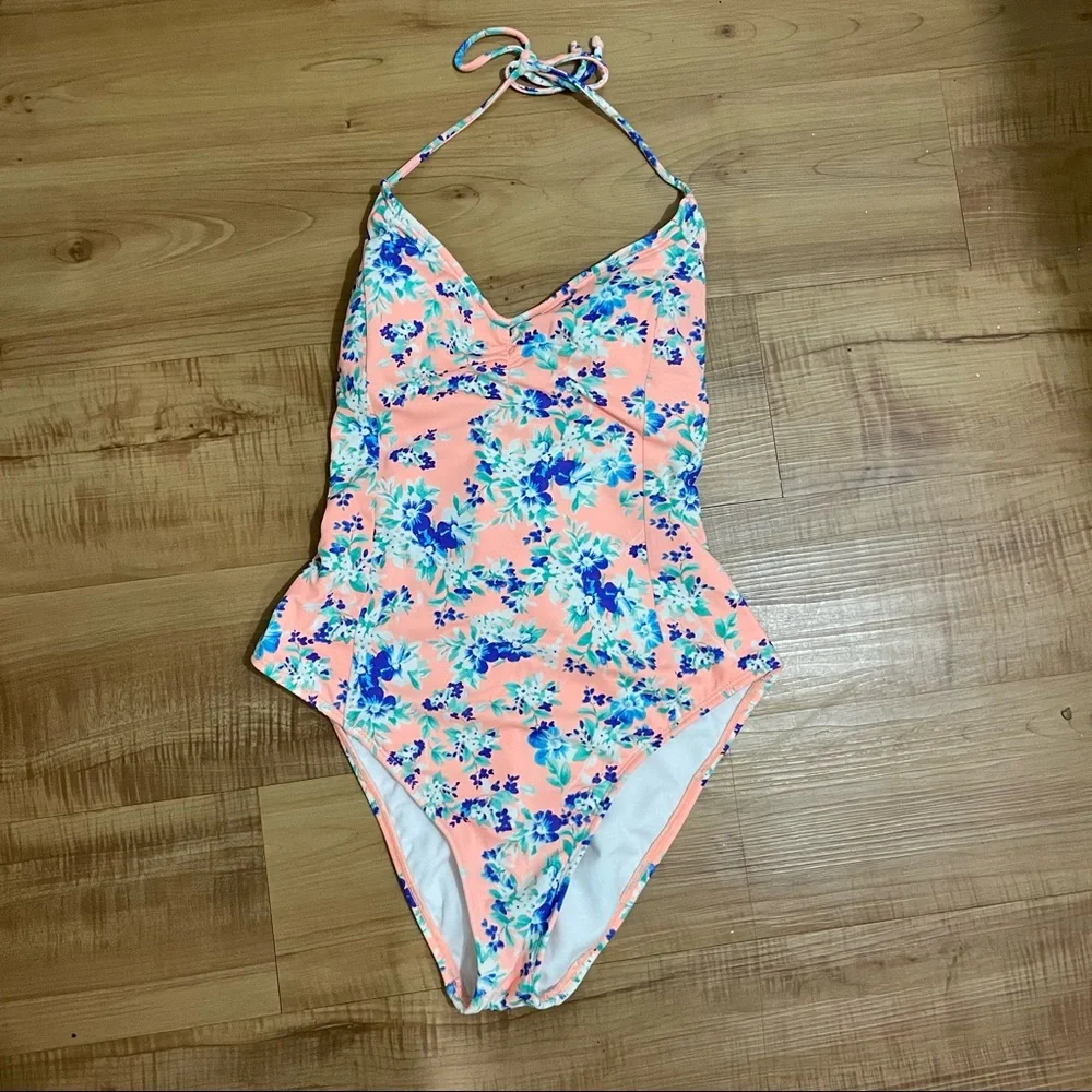 LA Hearts Corset One Piece Floral Swimsuit with adjustable Lace Up back Halter - Picture 2 of 5